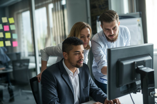 Diverse group of business people looking at a computer monitor