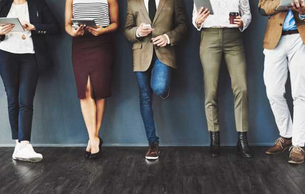 People wearing various interview clothing shown from the waist down