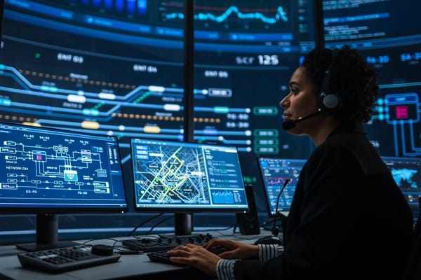 Concept of a cybersecurity worker surrounded by computer screens with data