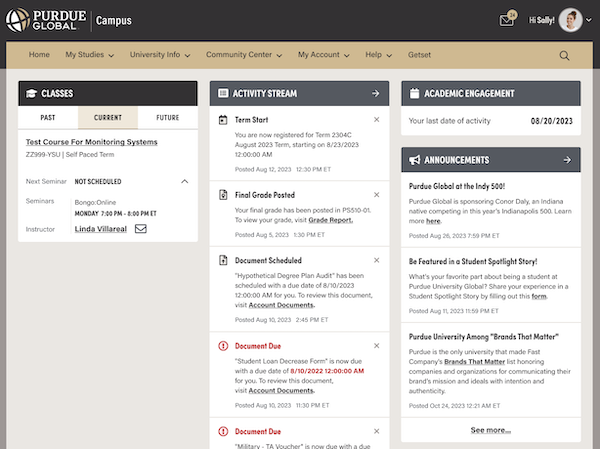 A screenshot of the Purdue Global Campus home page.