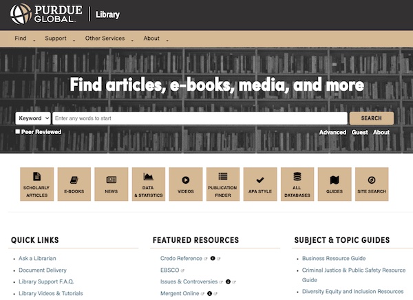 A screenshot of the Purdue Global Library.