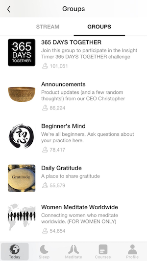 A screenshot of the different groups available within the InsightTimer app. Groups shown include a beginner's group, a place to share gratitude, and a women's group.